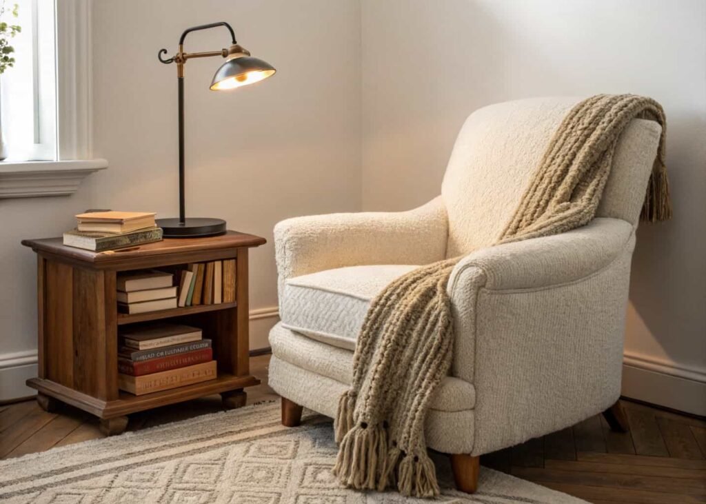 Cozy reading corner with bouclé armchair, wall sconce lighting, and a stack of books on a side table.