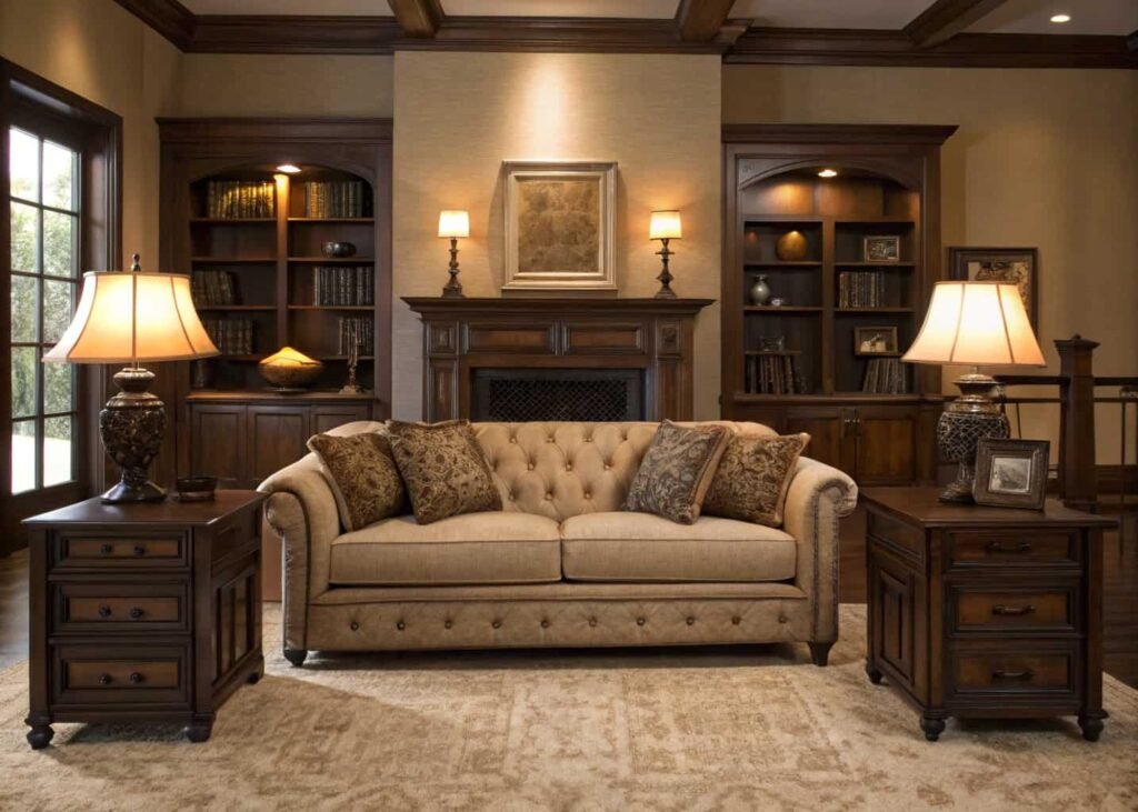 Traditional living room with a rolled-arm sofa, dark wood furniture, and symmetrical lamp placement
