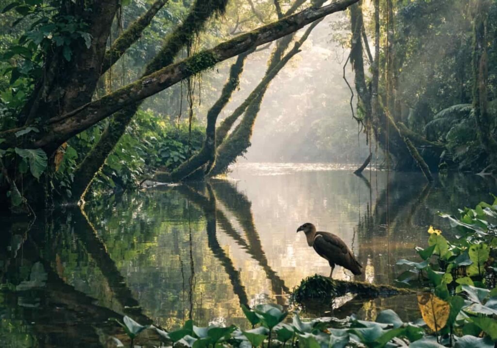 Real photo of Amazon wetland habitat where Hoatzin birds naturally live
