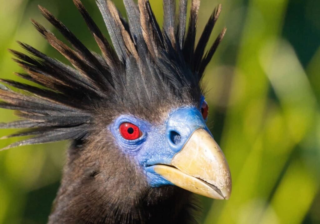 Real close-up photo of Hoatzin's spiky crest, red eyes, and blue facial skin