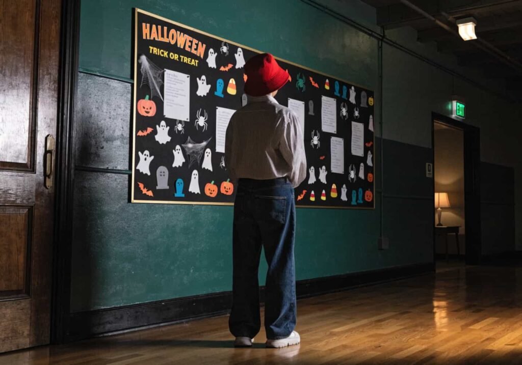Reviewing a completed Halloween bulletin board layout from a distance for final adjustments.