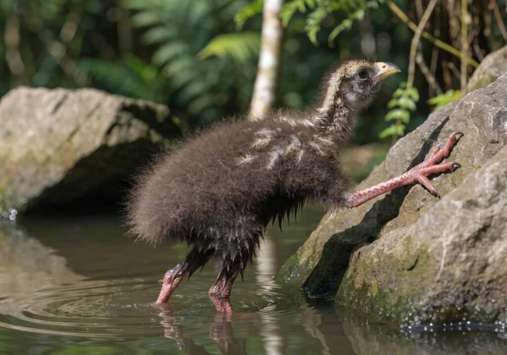 Real photo of Hoatzin chick swimming and climbing near rainforest water