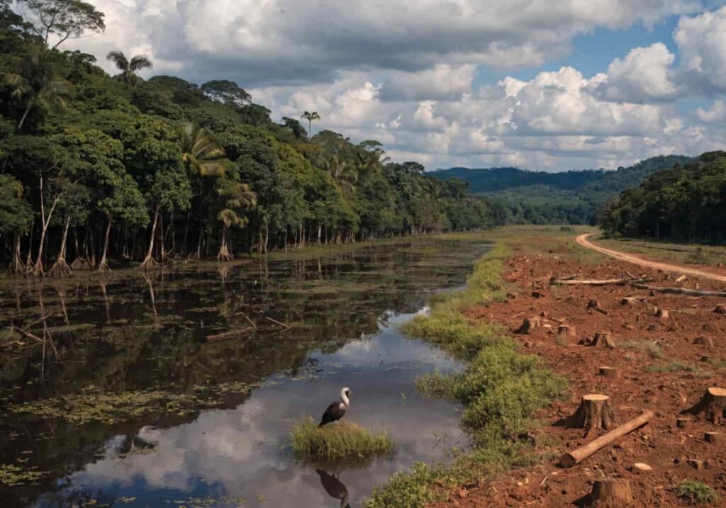 Real image showing rainforest habitat loss affecting species like the Hoatzin