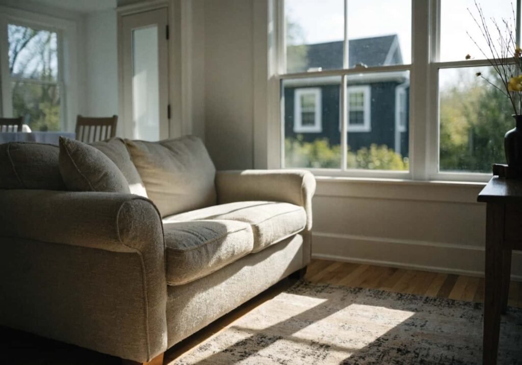 Sofa positioned near window to get natural light without sun damage