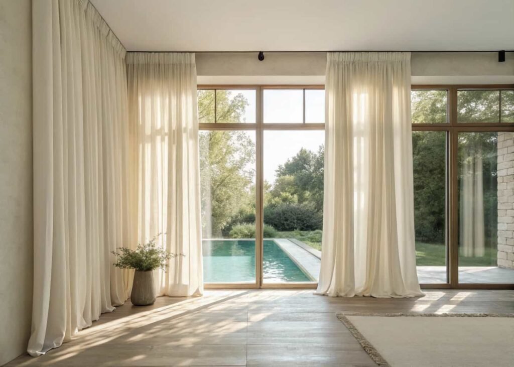 Floor-length linen curtains hung high and wide on a living room window.