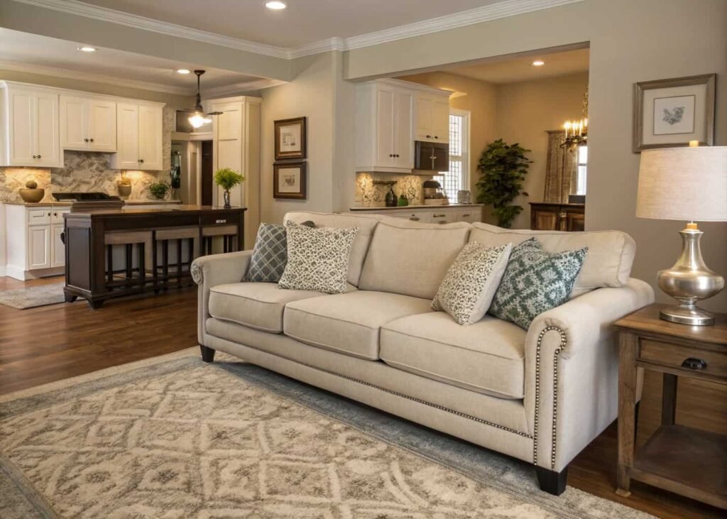 Sofa placement facing an open kitchen area with a rug defining the space