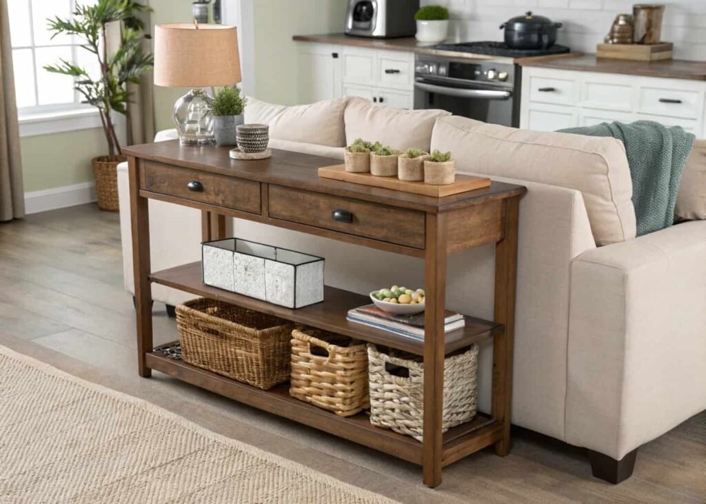 Multi-purpose console table used as a coffee station between living room and kitchen.