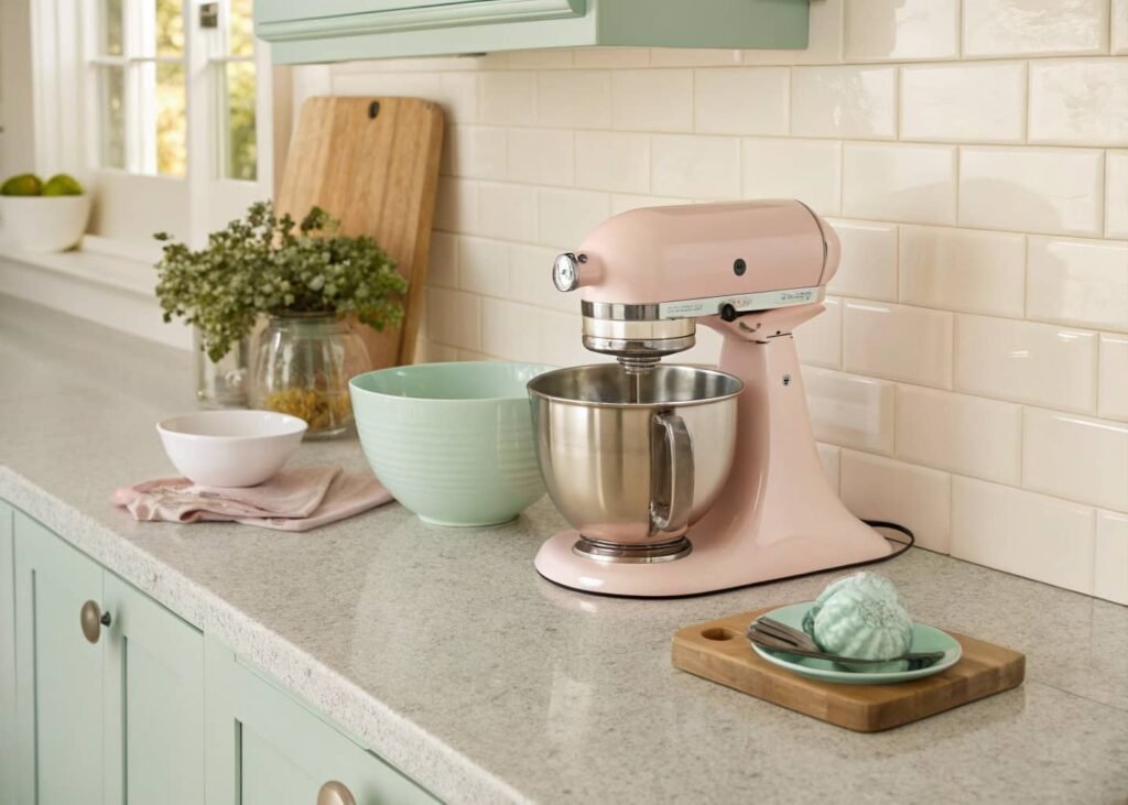 Color-matched stand mixer and bowl styled in kitchen corner
