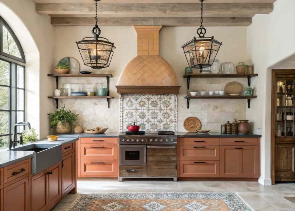 Mediterranean kitchen with zellige tile backsplash and terracotta cabinet tones