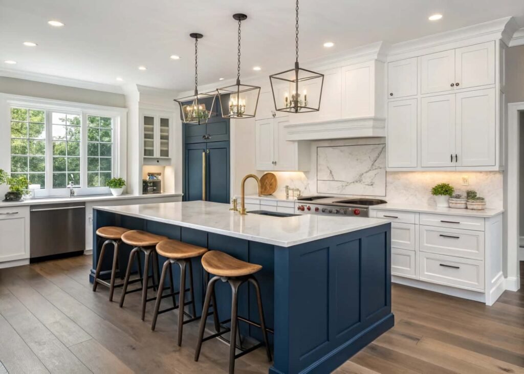 Navy blue kitchen island with waterfall quartz countertop