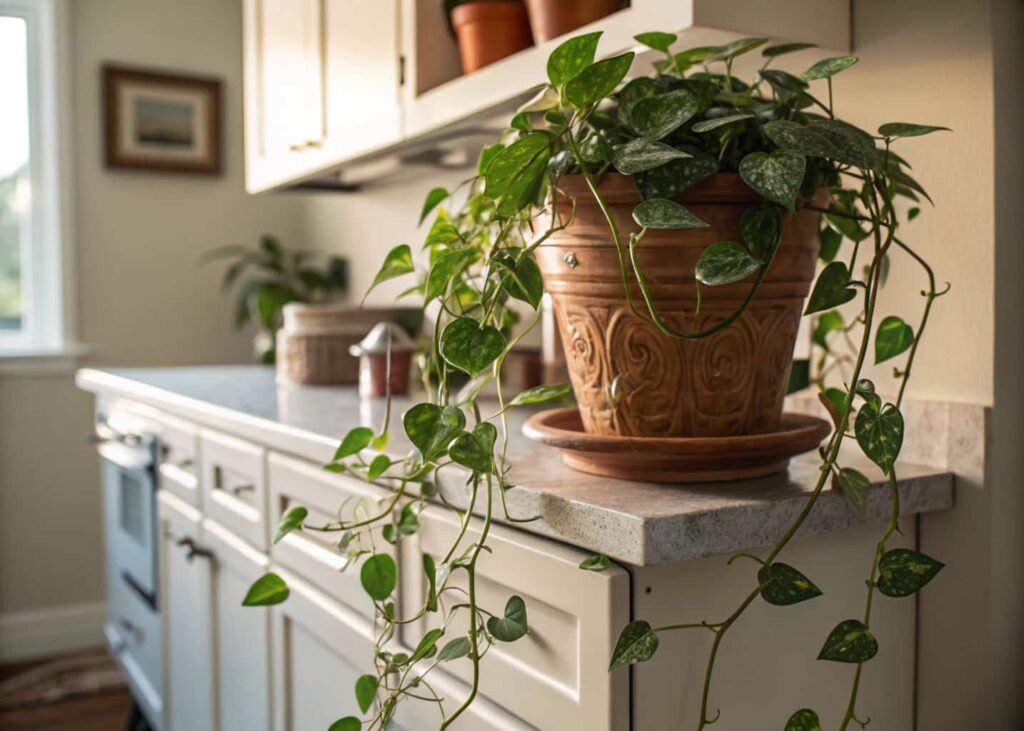 Trailing pothos plant on kitchen cabinet for a natural aesthetic touch