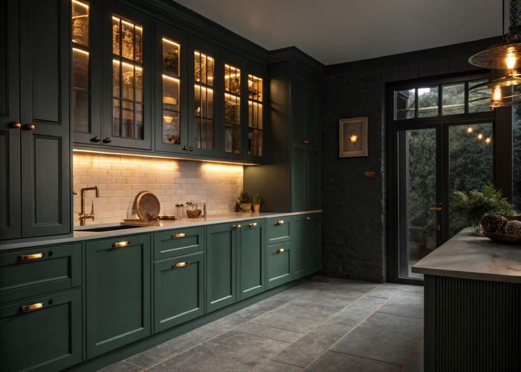 Dark green kitchen cabinets with brass hardware and warm under-cabinet lighting creating a moody look
