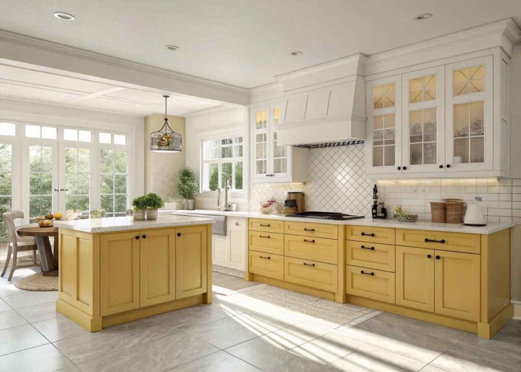 Kitchen with warm yellow lower cabinets and white uppers