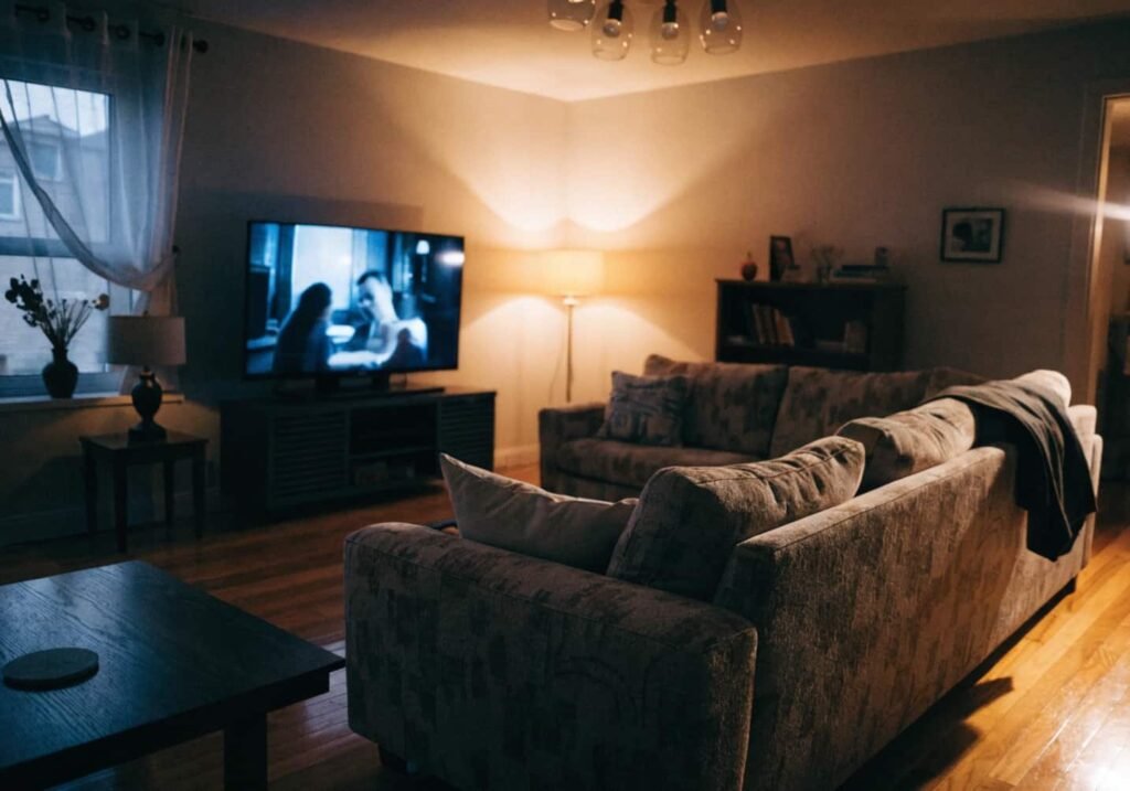 Sectional sofa positioned facing a TV wall at comfortable viewing distance