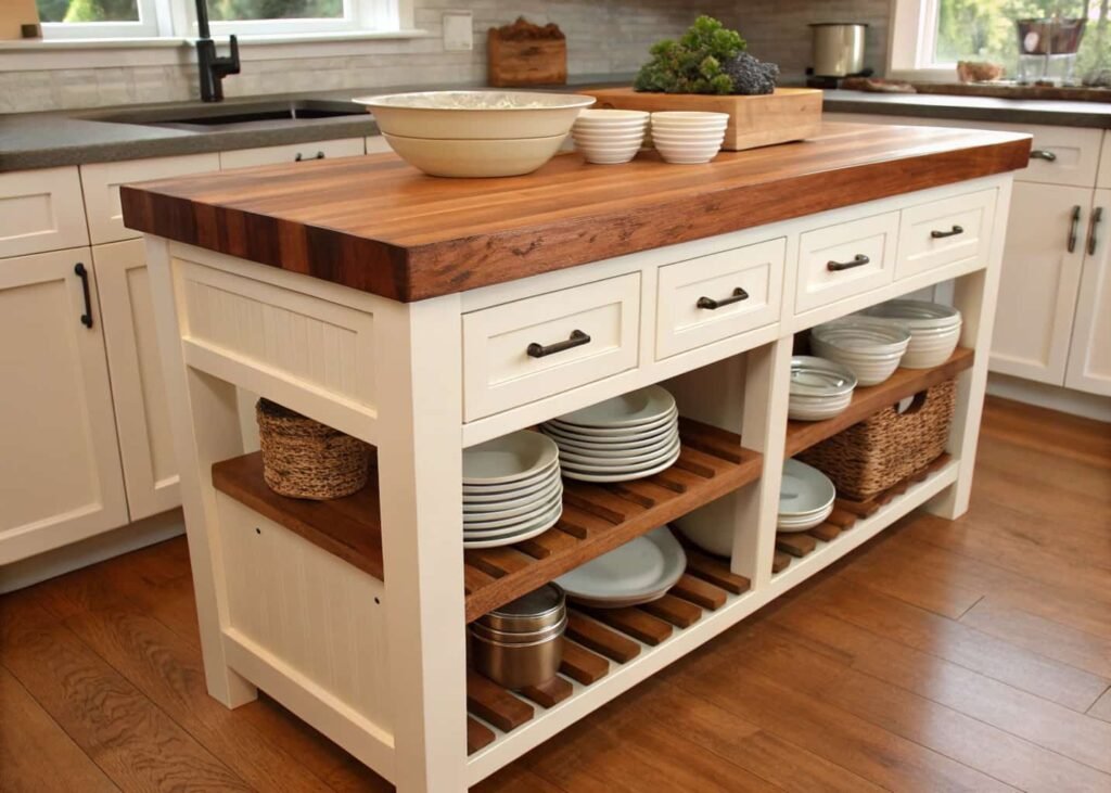 Rustic wood accents including butcher block island and open wood shelving in kitchen