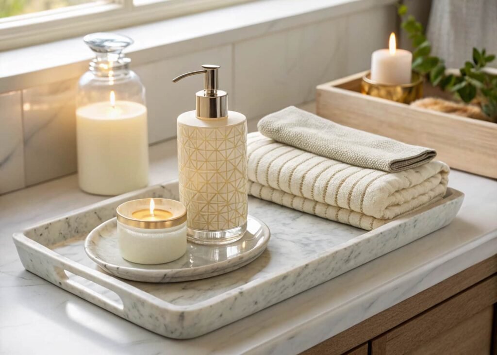 Marble tray styled with soap, hand cream, and a candle on a kitchen counter.