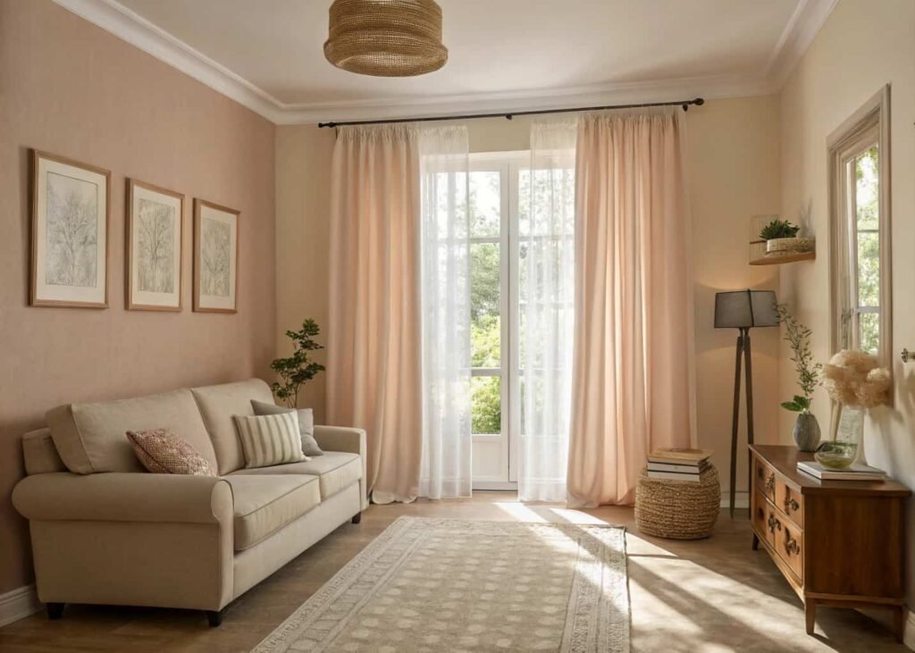 Layered sheer and heavy curtains on a living room window
