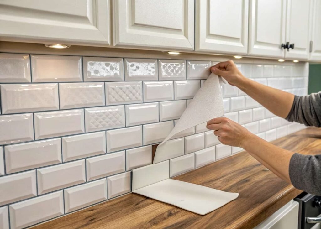 Peel-and-stick backsplash tile being installed in a small rental kitchen.