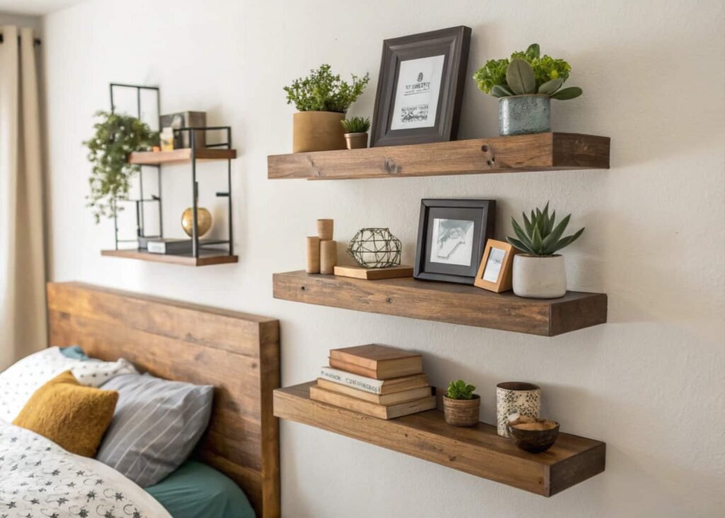 Floating shelves styled as bedroom wall decor