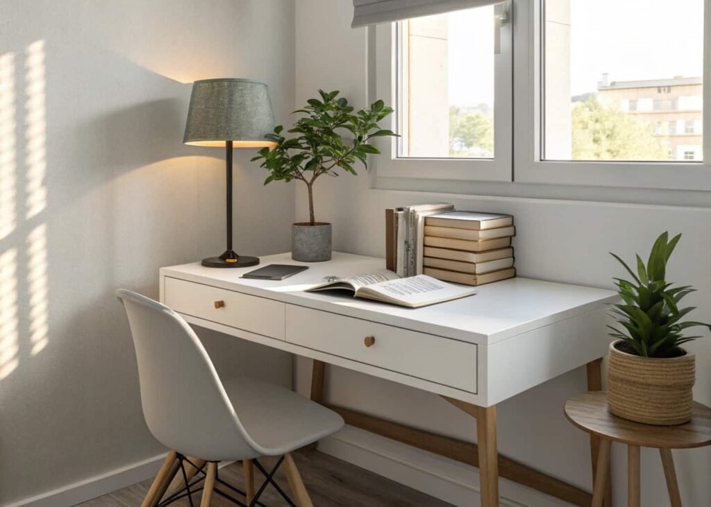Minimalist aesthetic desk corner with lamp and plant in bedroom study nook