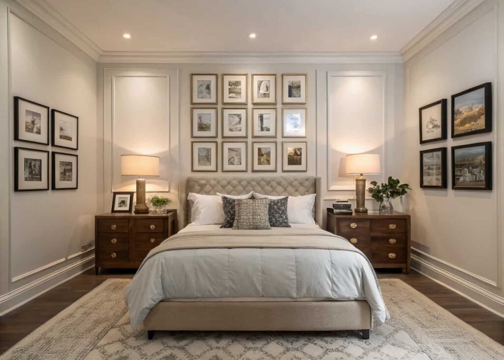 Bedroom mixing symmetrical furniture with an asymmetrical art arrangement
