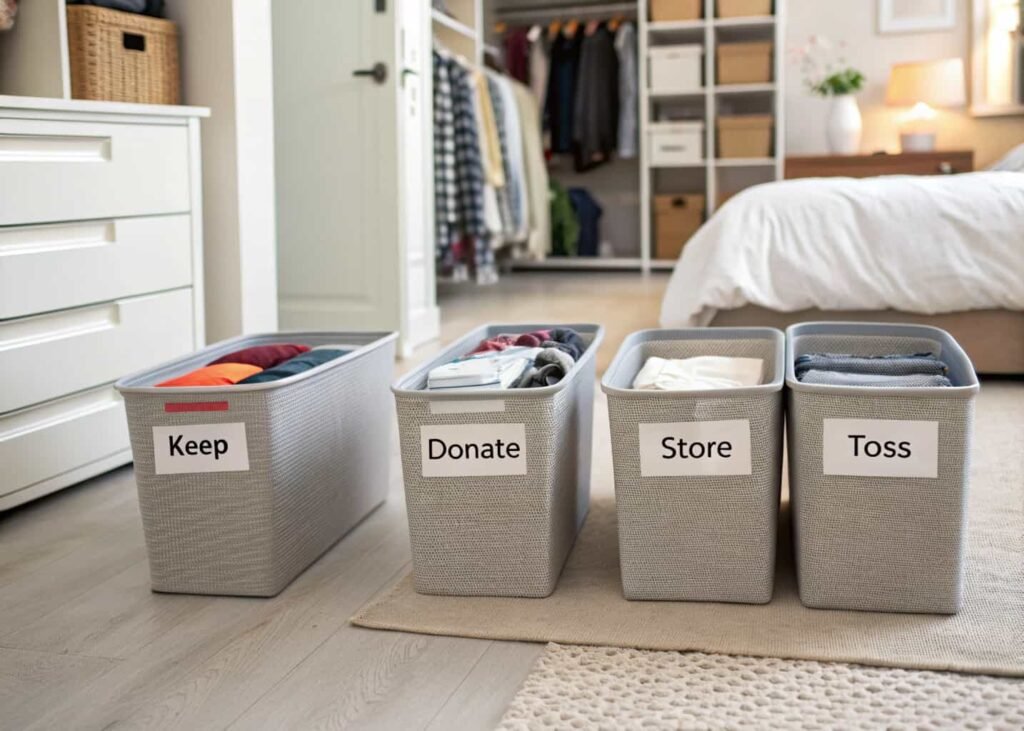 Decluttering bins labeled keep, donate, store, and toss in a bedroom