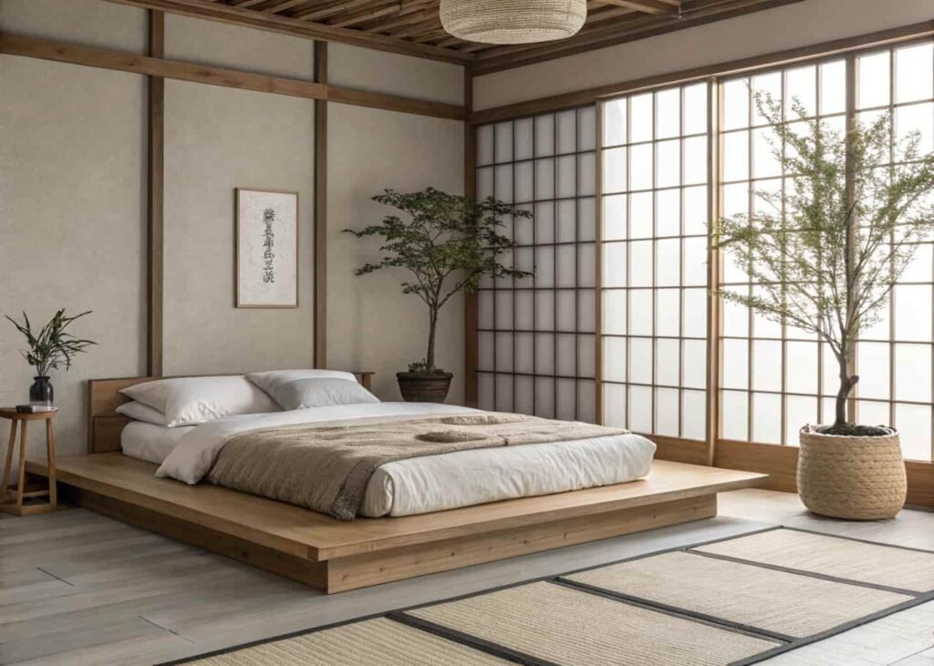 Warm Japandi bedroom with low platform bed and natural earthy tones