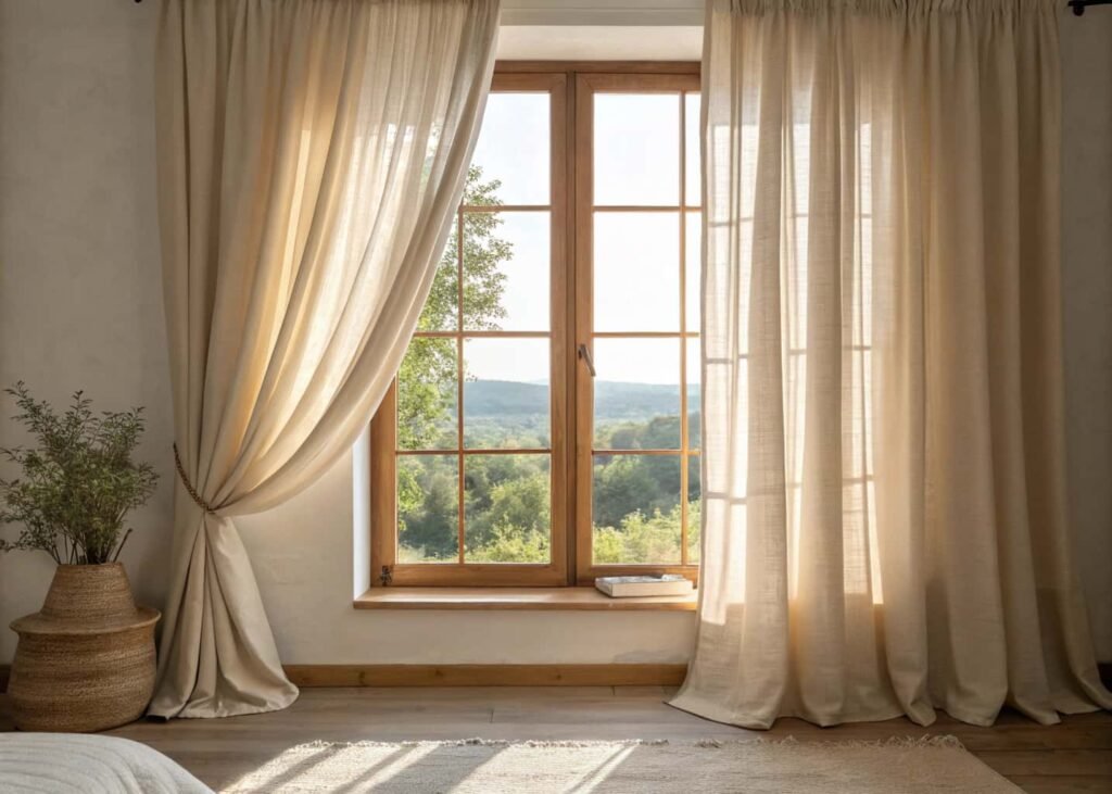 Floor-length linen curtains softly filtering light in a bedroom
