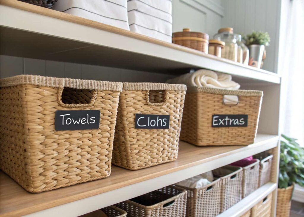 Woven laundry baskets with chalkboard labels on an open shelf