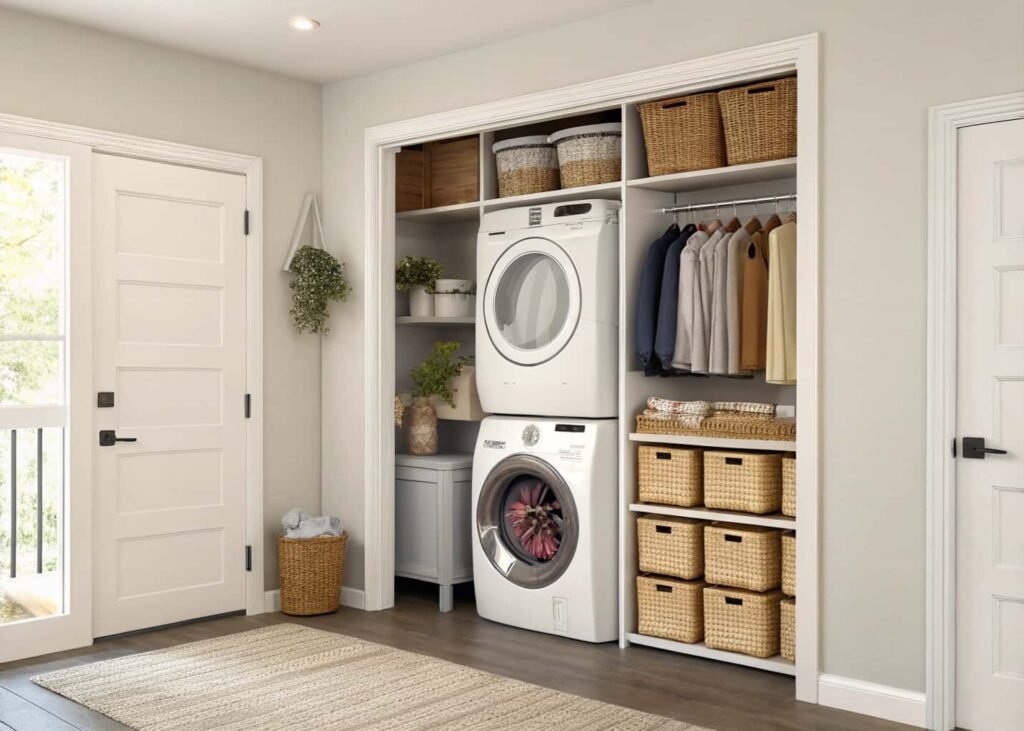Laundry closet with stacked washer and dryer and organized shelves above.