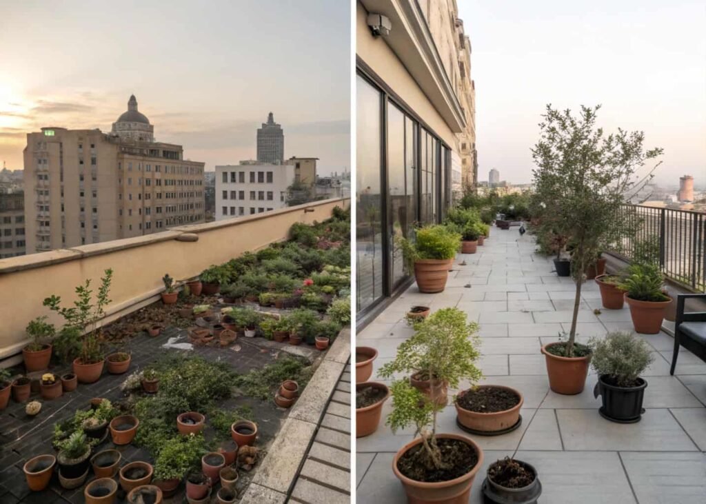 Comparison of cluttered small pots versus a calm terrace with larger planters