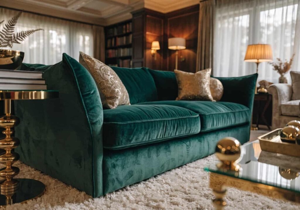 Luxurious emerald green velvet sofa adding elegance to a living room