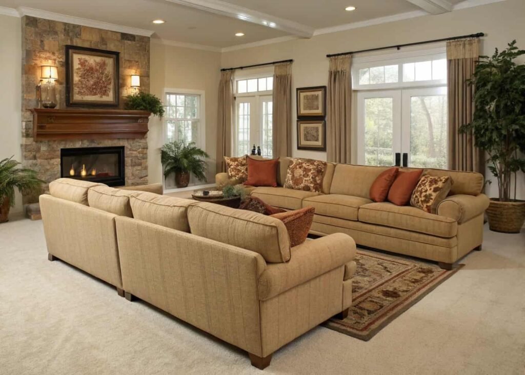 Large living room styled around a sectional sofa and fireplace