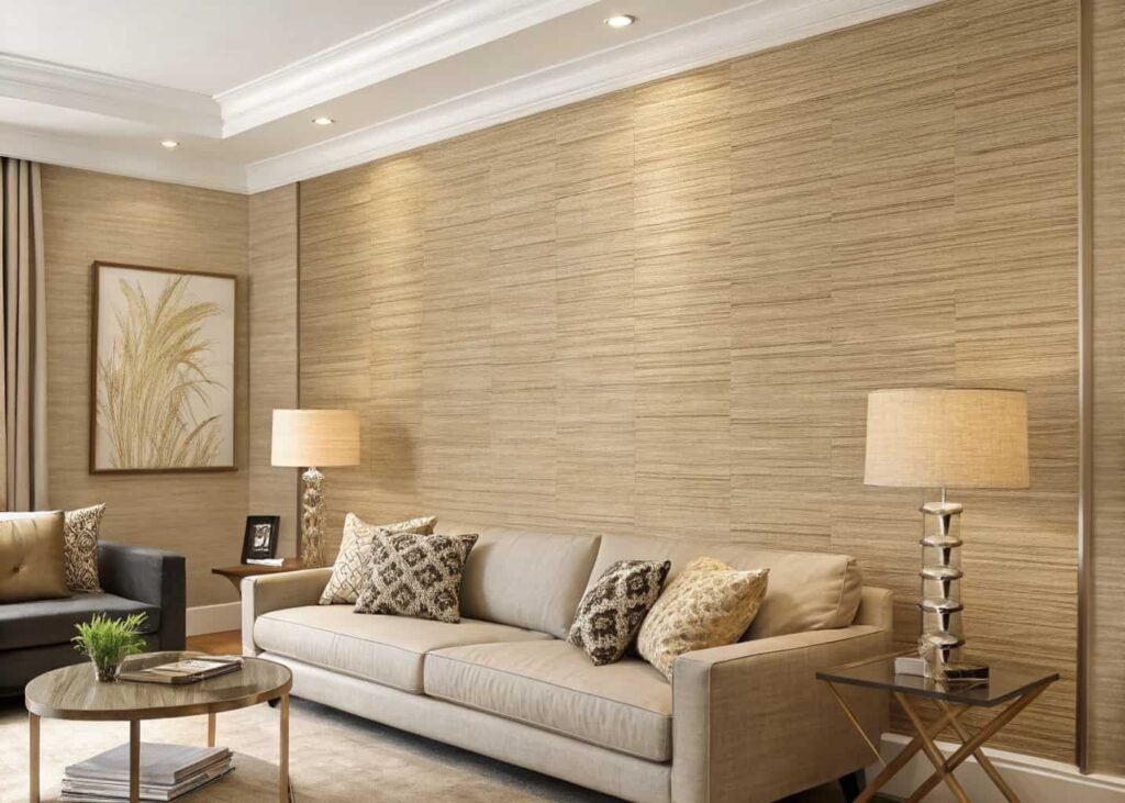living room accent wall with textured grasscloth wallpaper in a warm beige tone behind a sofa