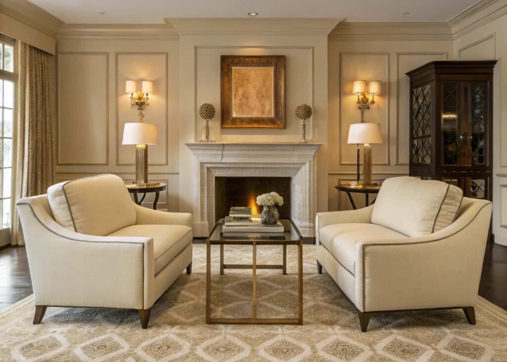 Symmetrical living room arrangement centered around a fireplace with matching armchairs and lamps.
