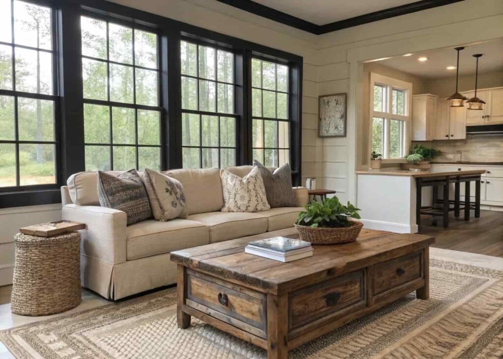 Modern farmhouse living room with black window frames, neutral sofa, and distressed wood coffee table