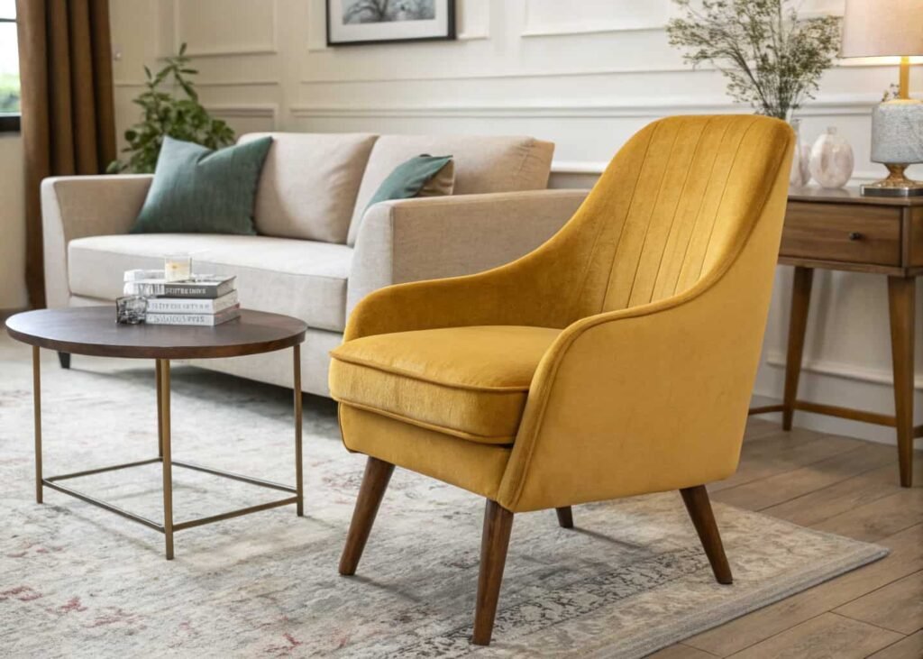 Mustard velvet accent chair with wooden legs beside a neutral living room sofa.