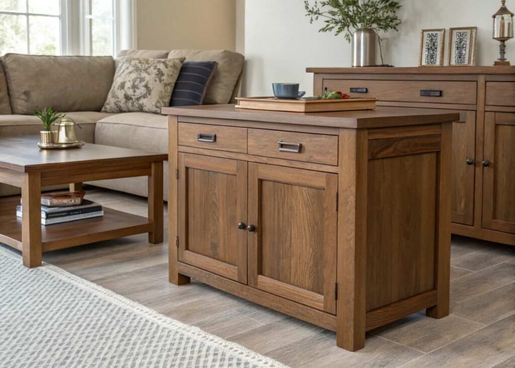 Matching warm wood tones between kitchen cabinets and living room furniture
