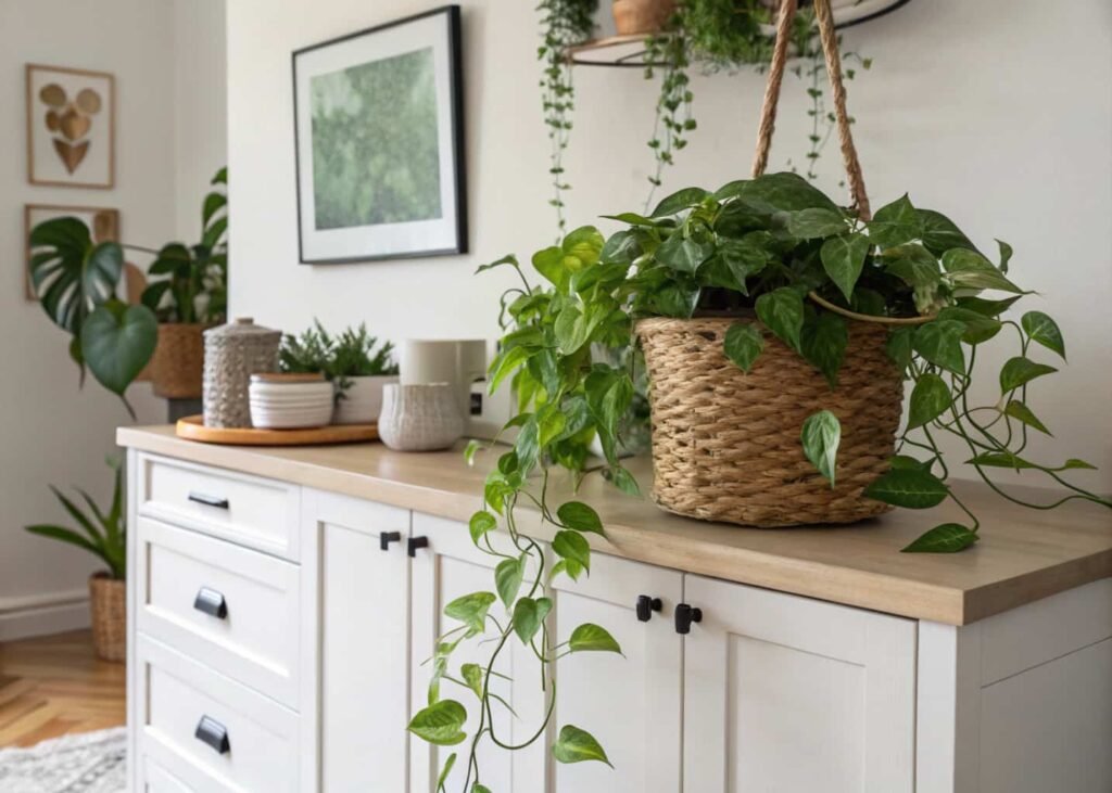 Pothos plants repeated in both kitchen and living room for a cohesive green accent.