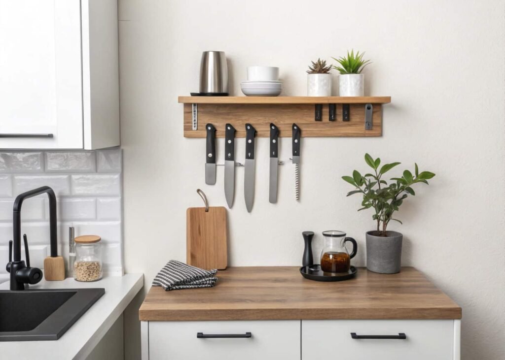 Small kitchen counter styled with wall-mounted knife strip and narrow bud vase