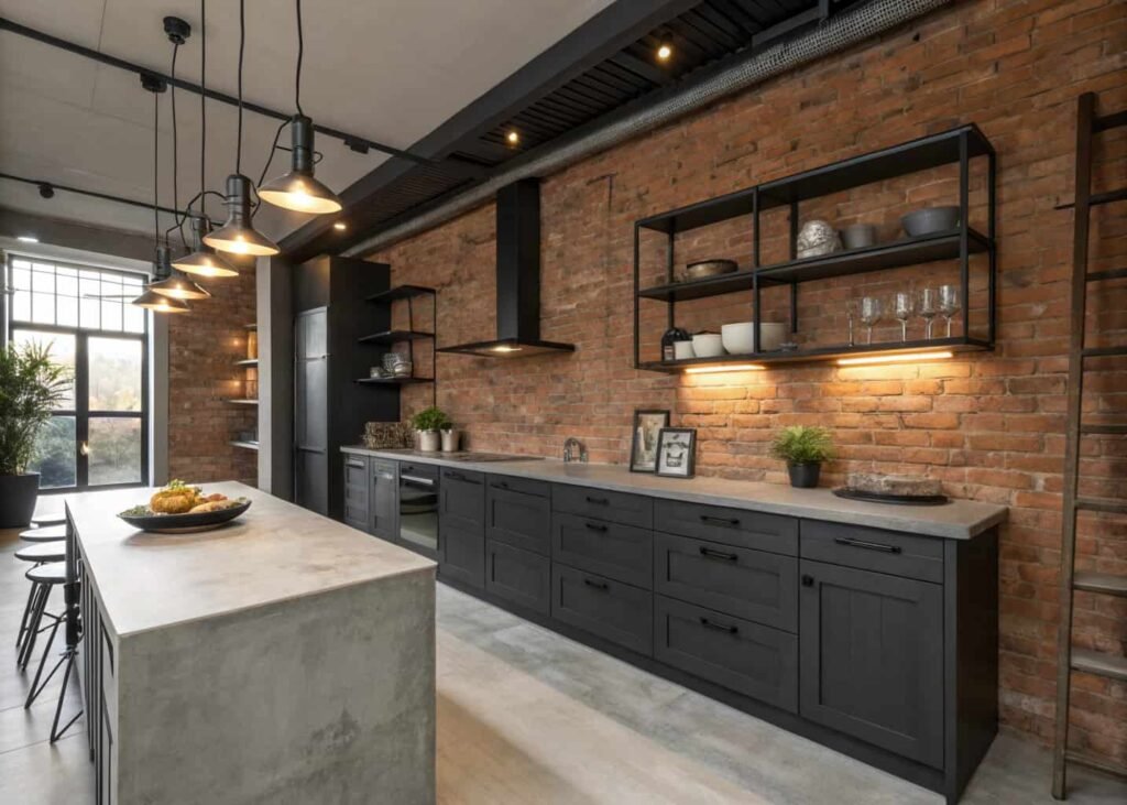 Industrial loft kitchen with exposed brick, black metal shelving, and concrete counters