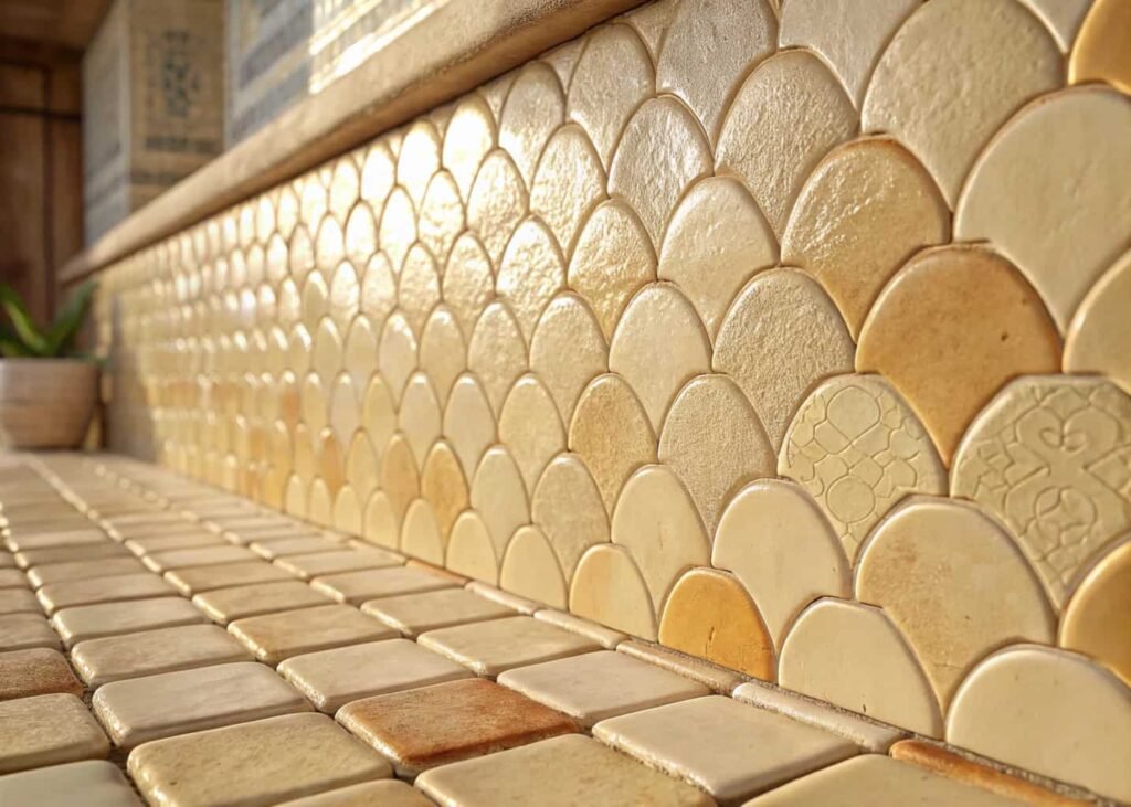 Handmade zellige tile backsplash with warm ivory glaze variation