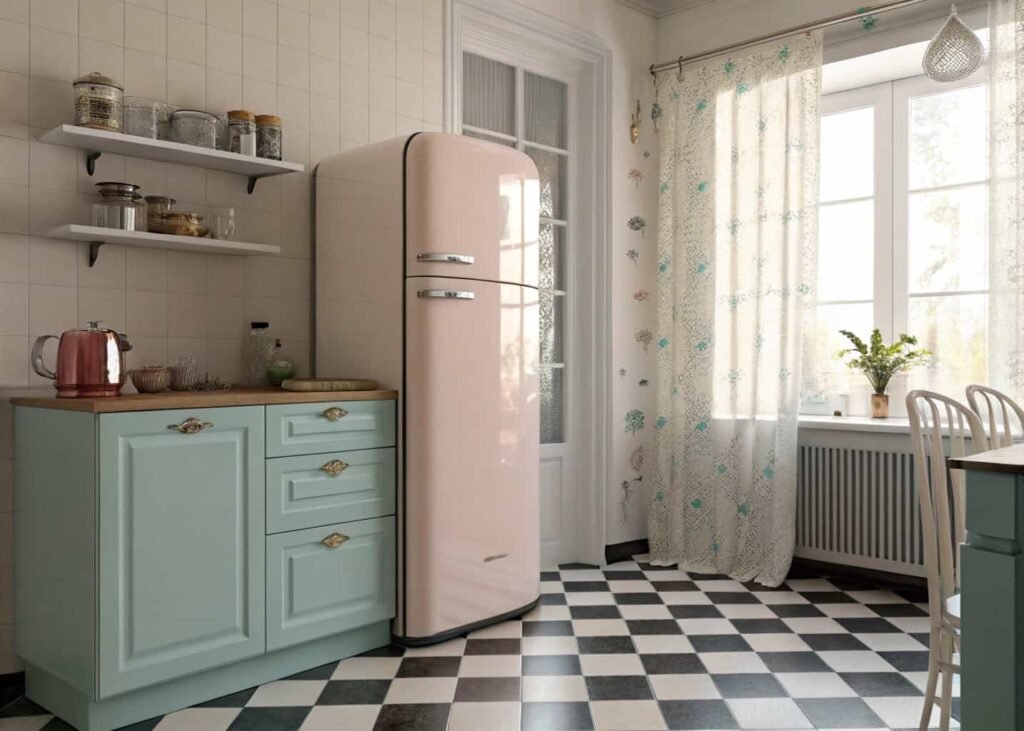 Vintage 1950s-style kitchen with pastel refrigerator and checkerboard flooring