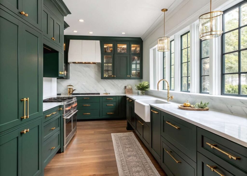 Kitchen with dark green cabinets and brass hardware
