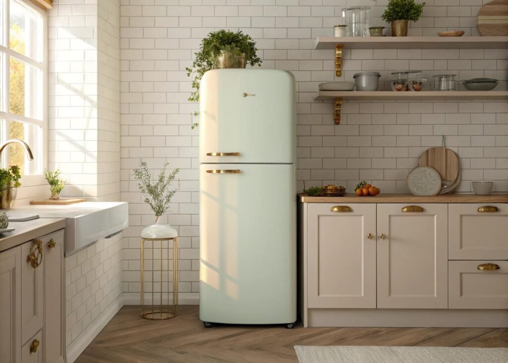 Retro pastel refrigerator in a kitchen, a 2026 vintage decor comeback trend