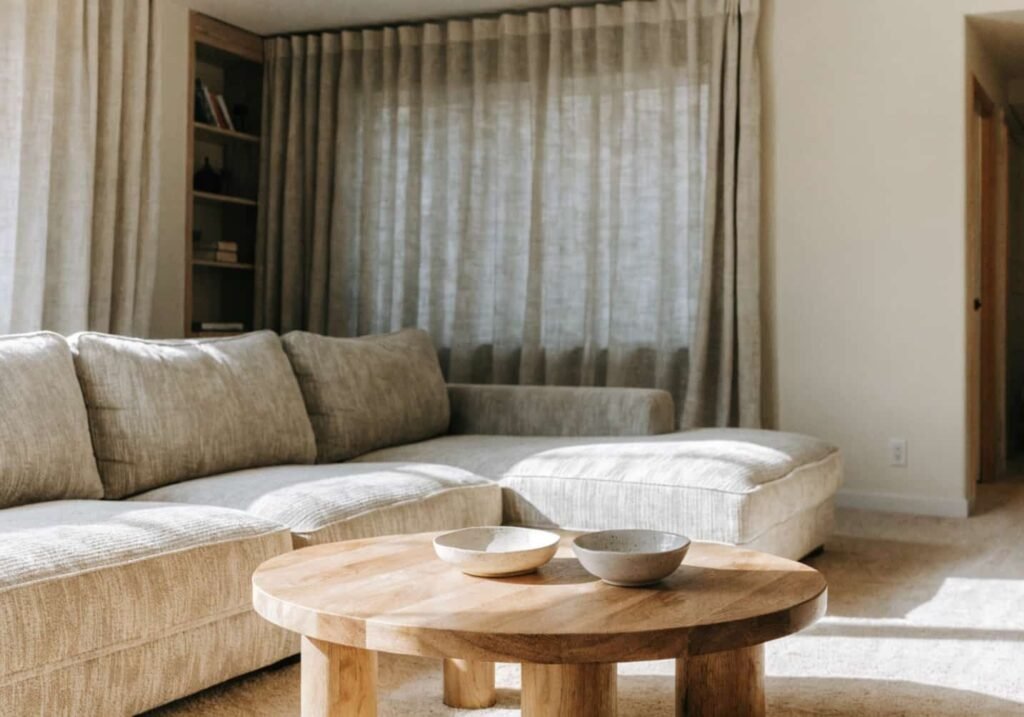 Sectional sofa balanced with a coffee table at proper spacing