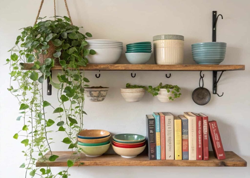 Open kitchen shelves styled with bowls, plant, and cookbooks in odd-numbered groupings