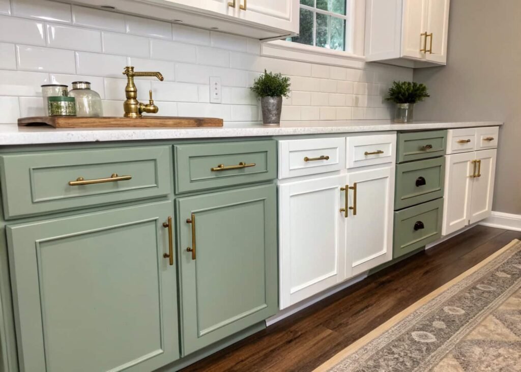 Kitchen with newly painted sage green lower cabinets and new brass hardware.