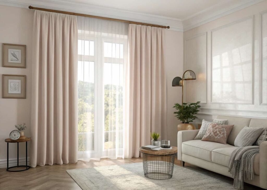 Small living room with light-colored floor-length curtains