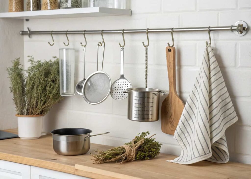 Renter-friendly hanging storage rail used as functional kitchen decor.